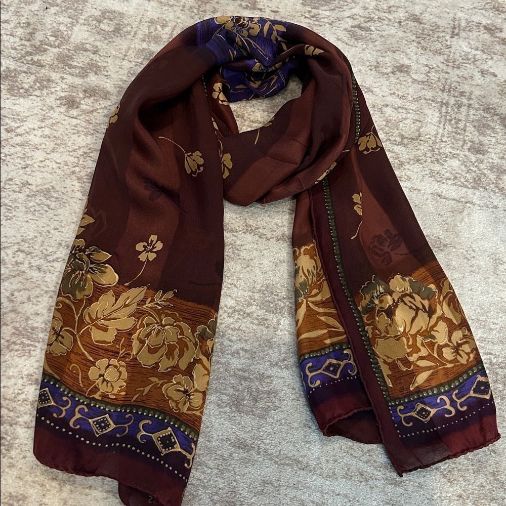 Bill blass Floral silk Scarf with Gold Accents